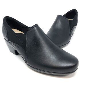 Clarks Shoes Womens 8.5 Emily Amelia Black Faux Leather Comfort Low Heel Slip On